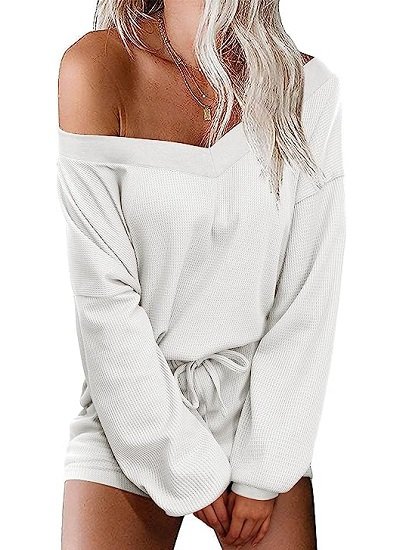 Women's Pajama Set V Neck Off Shoulder Pajamas Long Sleeve Top and Shorts 2 piece set