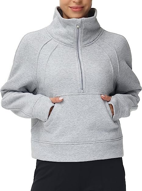 Womens' Half Zip Pullover Fleece Stand Collar Crop Sweatshirt with Pockets