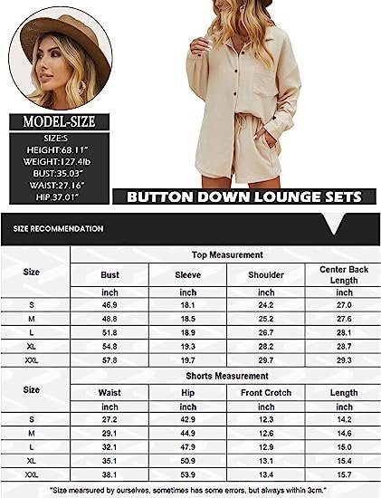 Womens Button Down Lounge Sets Long Sleeve Shirts and Shorts 2 Piece