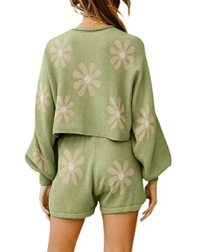 Women's Knit Pajama Set Lounge Set Long Sleeve Puff Sleeve Top and Shorts 2-Piece Set